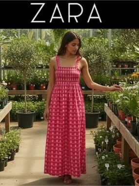 ZARA PINK SMOCKED MIDI DRESS GEOMETRIC PRINT SLEEVELESS COTTON SIZE SMALL